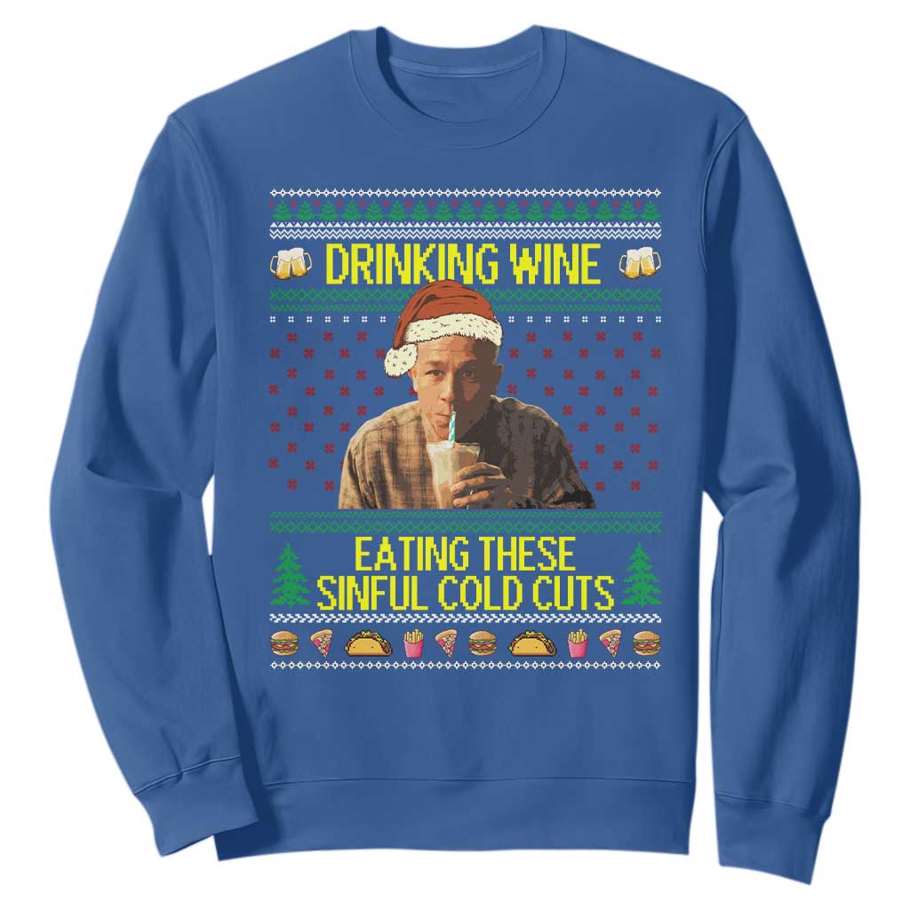 Funny Ed Gein Christmas Meme Sweatshirt Drinking Wine Eating This Sinful Cold Cuts Viral Scene TS02 Royal Blue Print Your Wear
