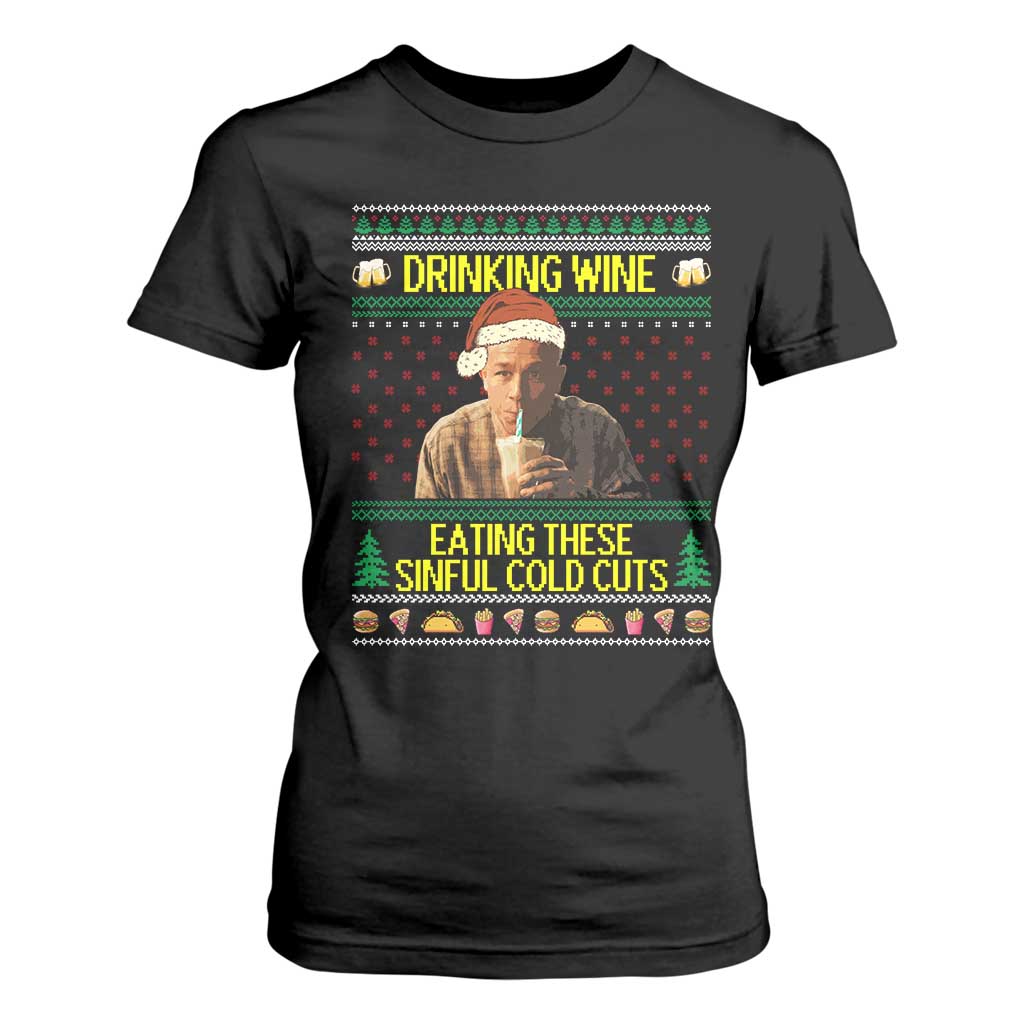 Funny Ed Gein Christmas Meme T Shirt For Women Drinking Wine Eating This Sinful Cold Cuts Viral Scene - Print Your Wear