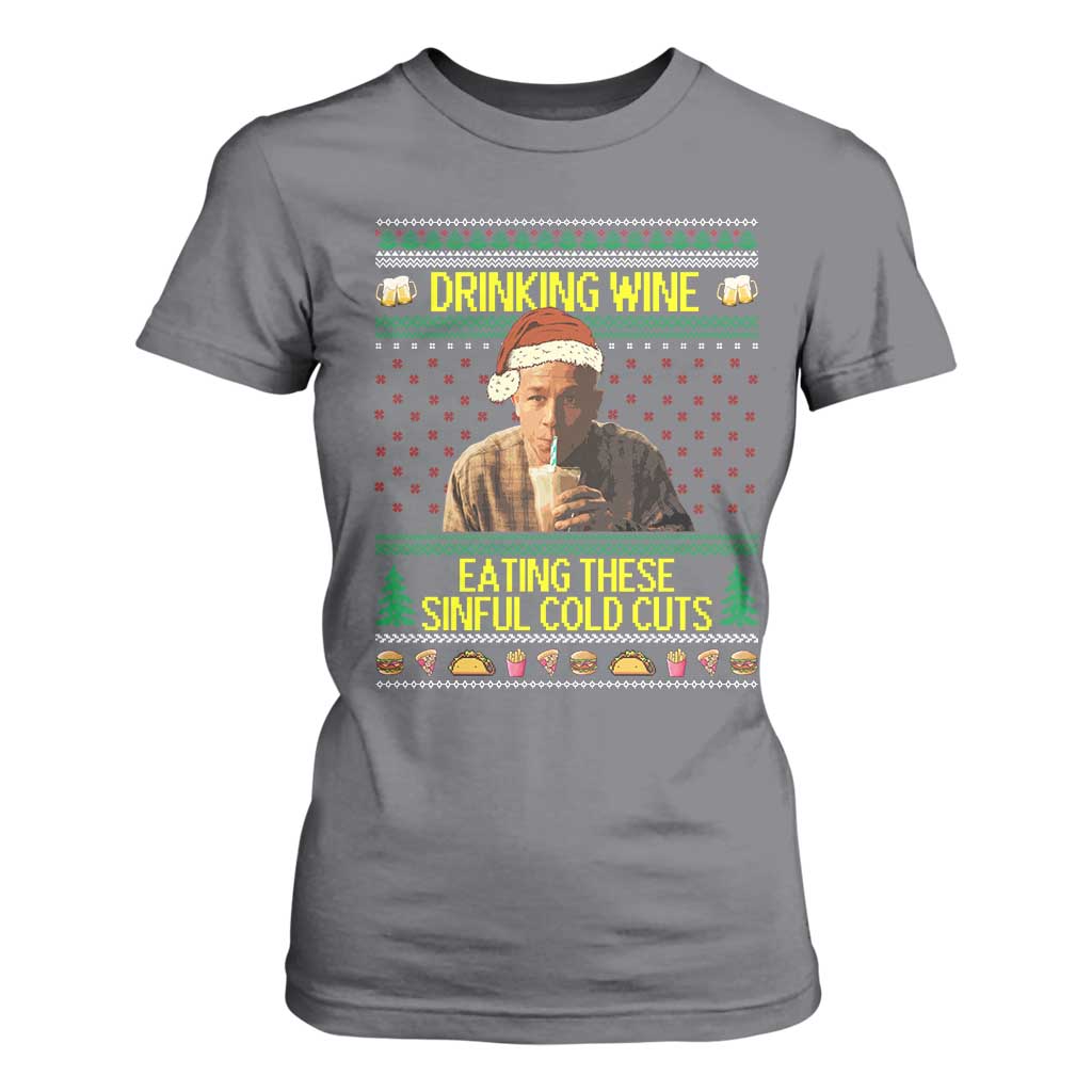 Funny Ed Gein Christmas Meme T Shirt For Women Drinking Wine Eating This Sinful Cold Cuts Viral Scene TS02 Charcoal Print Your Wear