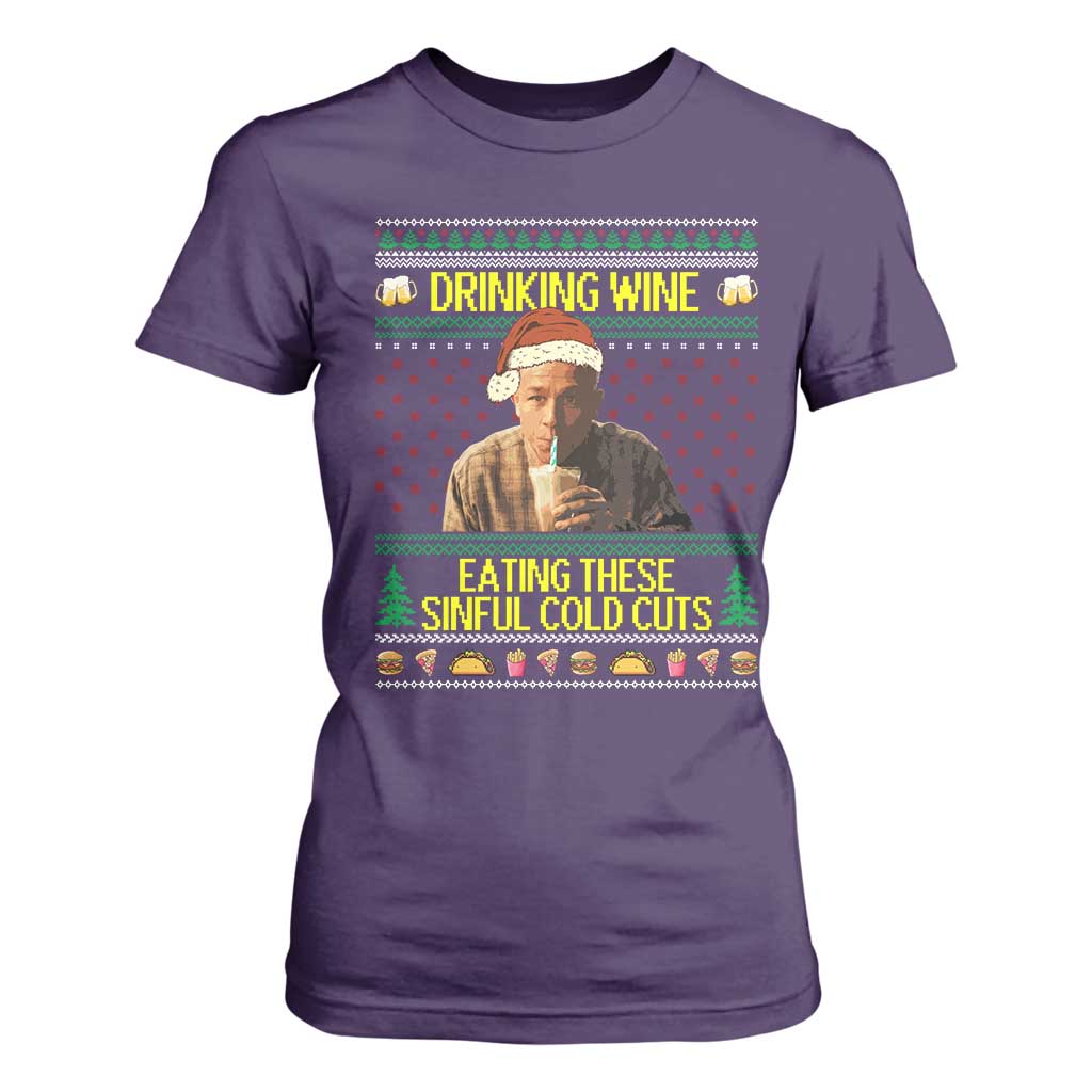 Funny Ed Gein Christmas Meme T Shirt For Women Drinking Wine Eating This Sinful Cold Cuts Viral Scene TS02 Purple Print Your Wear