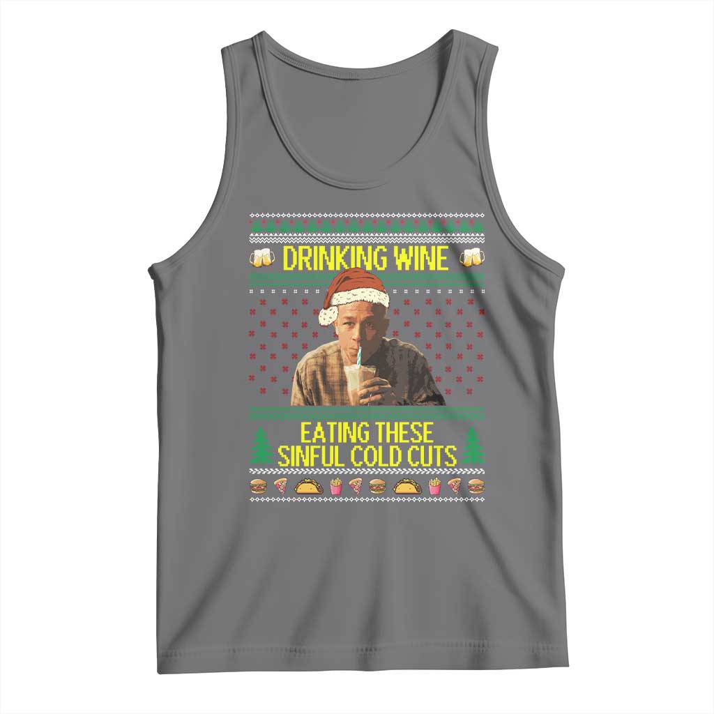 Funny Ed Gein Christmas Meme Tank Top Drinking Wine Eating This Sinful Cold Cuts Viral Scene TS02 Black Heather Print Your Wear