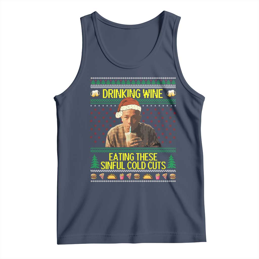 Funny Ed Gein Christmas Meme Tank Top Drinking Wine Eating This Sinful Cold Cuts Viral Scene TS02 Navy Print Your Wear