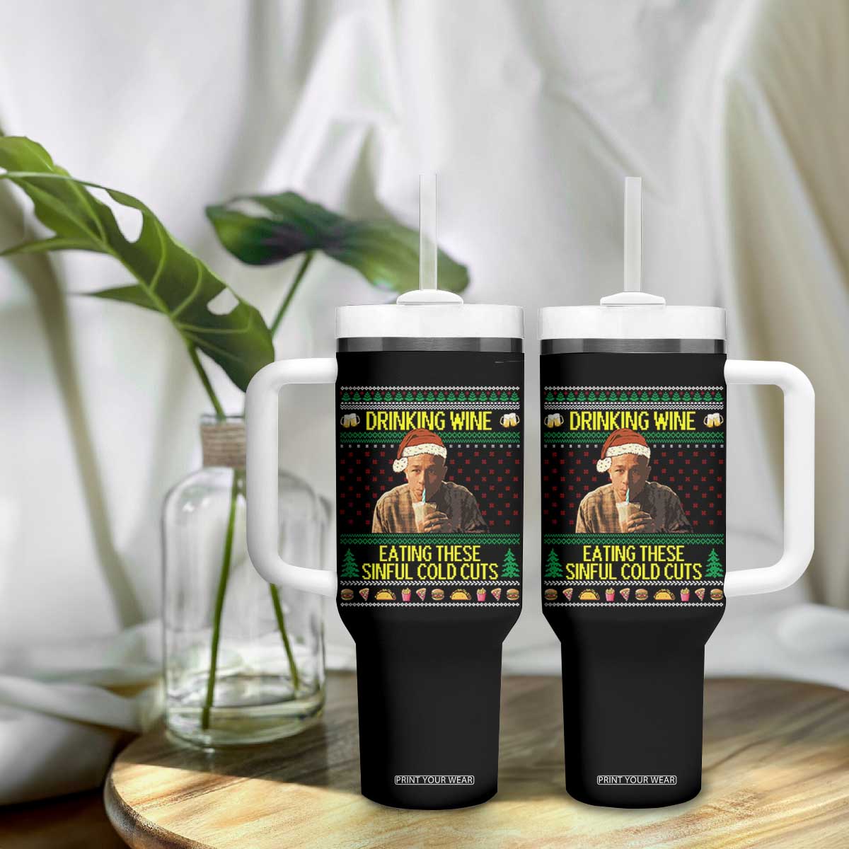 Funny Ed Gein Christmas Meme Tumbler With Handle Drinking Wine Eating This Sinful Cold Cuts Viral Scene TS02 Print Your Wear