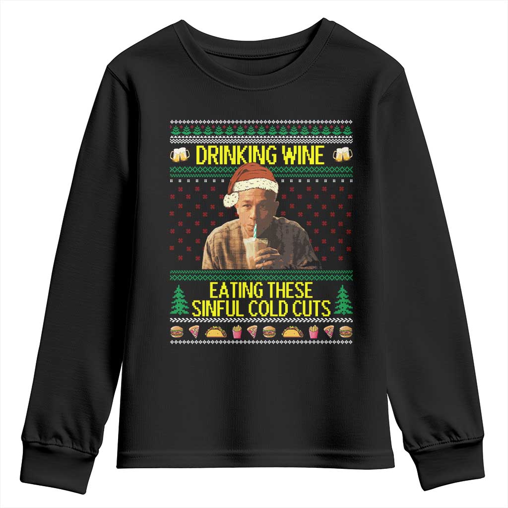 Funny Ed Gein Christmas Meme Youth Sweatshirt Drinking Wine Eating This Sinful Cold Cuts Viral Scene TS02 Black Print Your Wear