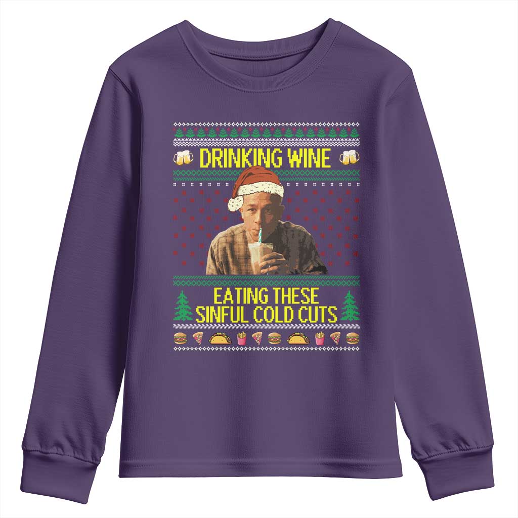 Funny Ed Gein Christmas Meme Youth Sweatshirt Drinking Wine Eating This Sinful Cold Cuts Viral Scene TS02 Purple Print Your Wear