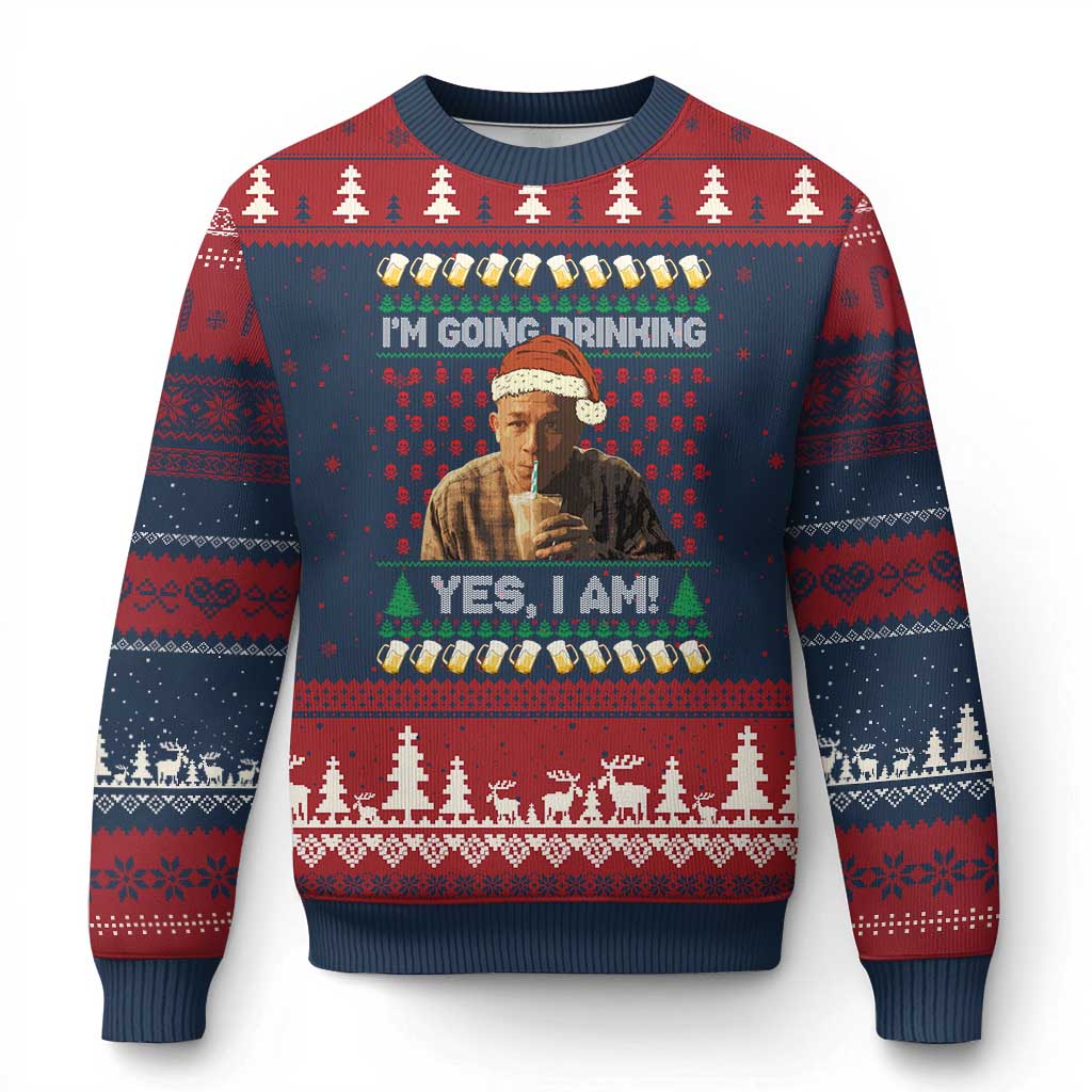 Funny Ed Gein Drinking Wine Ugly Christmas Sweater Im Going Drinking Yes I Am Christmas Meme TS02 Navy Red Print Your Wear