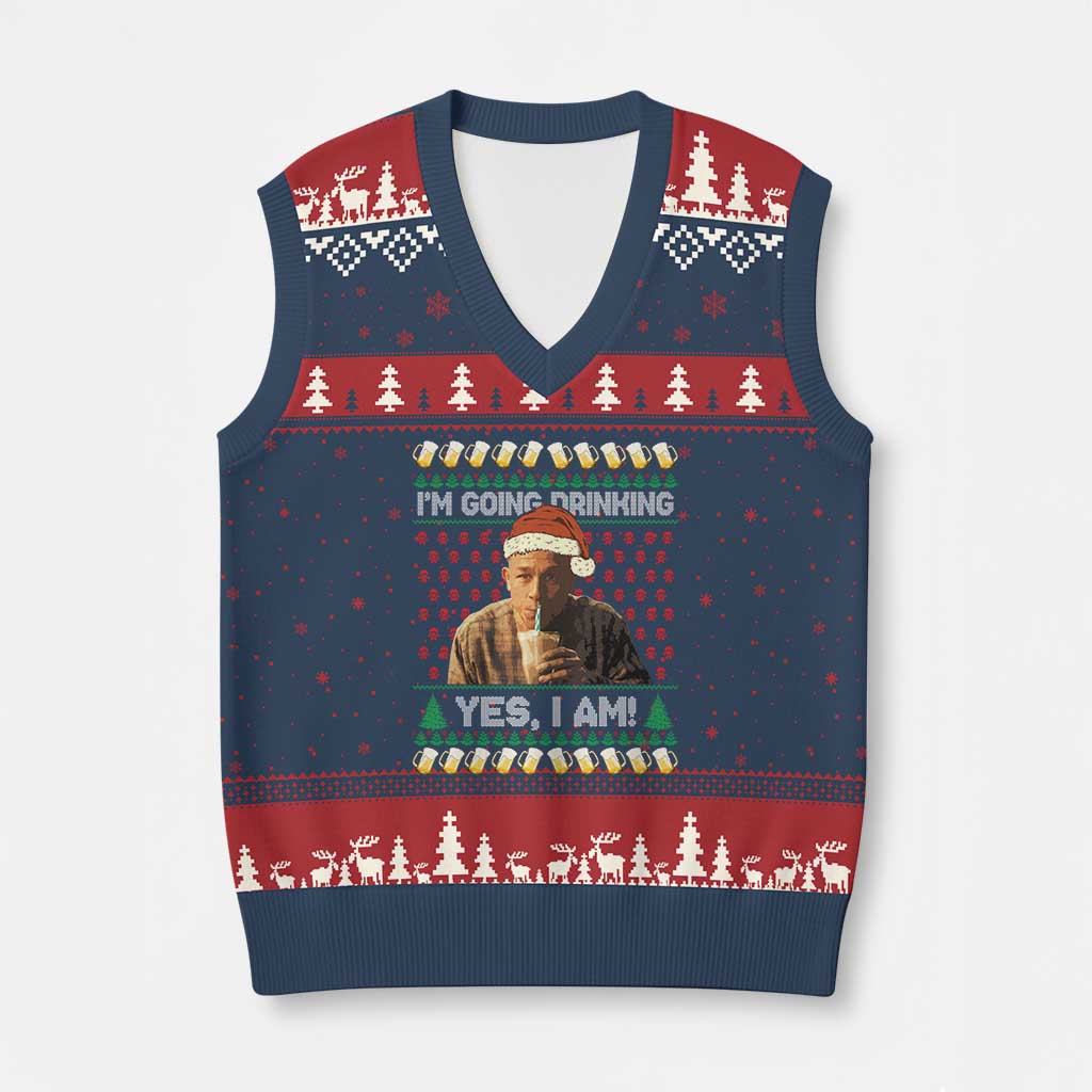 Funny Ed Gein Drinking Wine V-Neck Knit Sweater Vest Im Going Drinking Yes I Am Christmas Meme TS02 Navy Red Print Your Wear