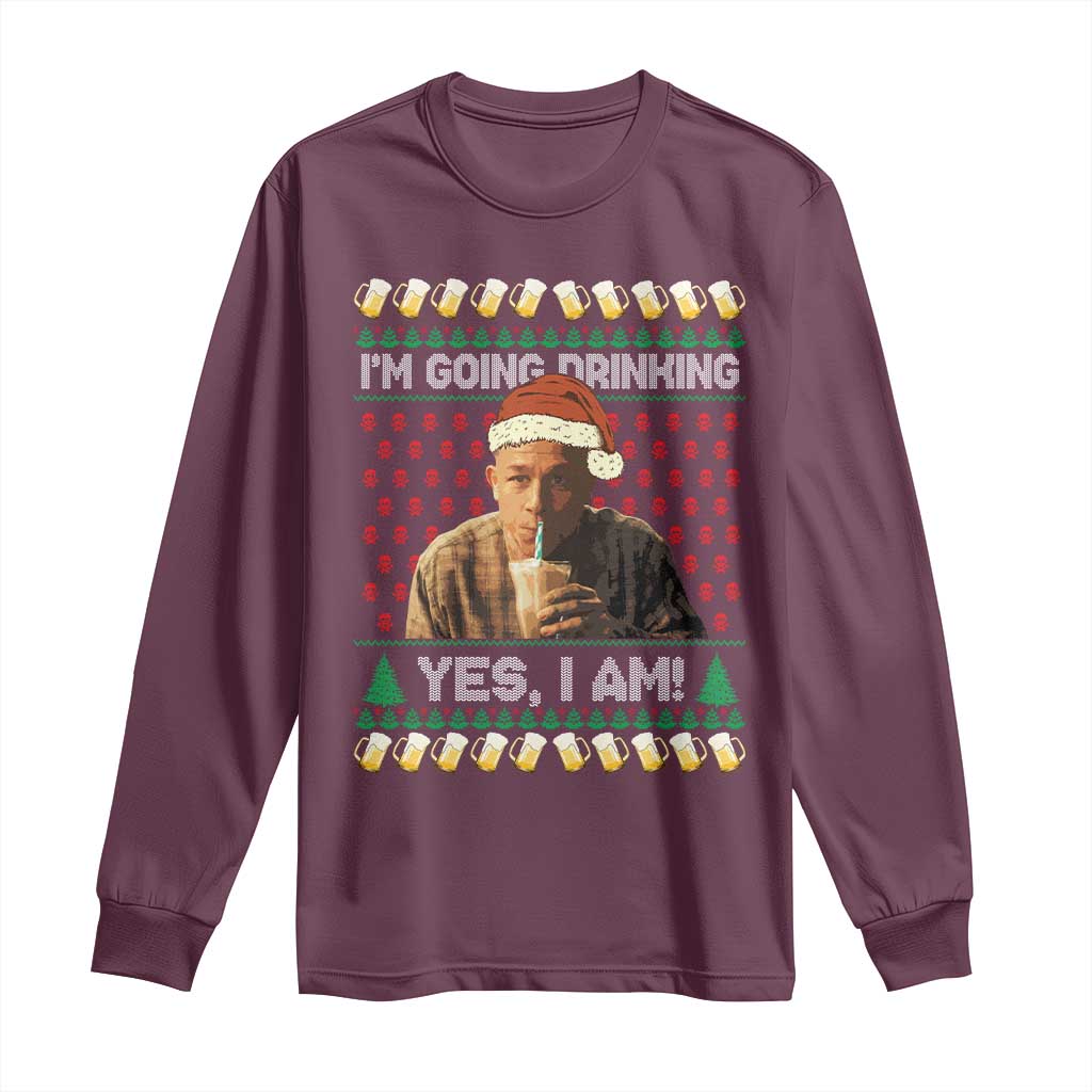 Funny Ed Gein Drinking Wine Long Sleeve Shirt Im Going Drinking Yes I Am Christmas Meme TS02 Maroon Print Your Wear