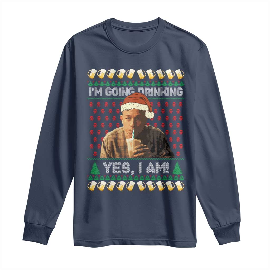 Funny Ed Gein Drinking Wine Long Sleeve Shirt Im Going Drinking Yes I Am Christmas Meme TS02 Navy Print Your Wear