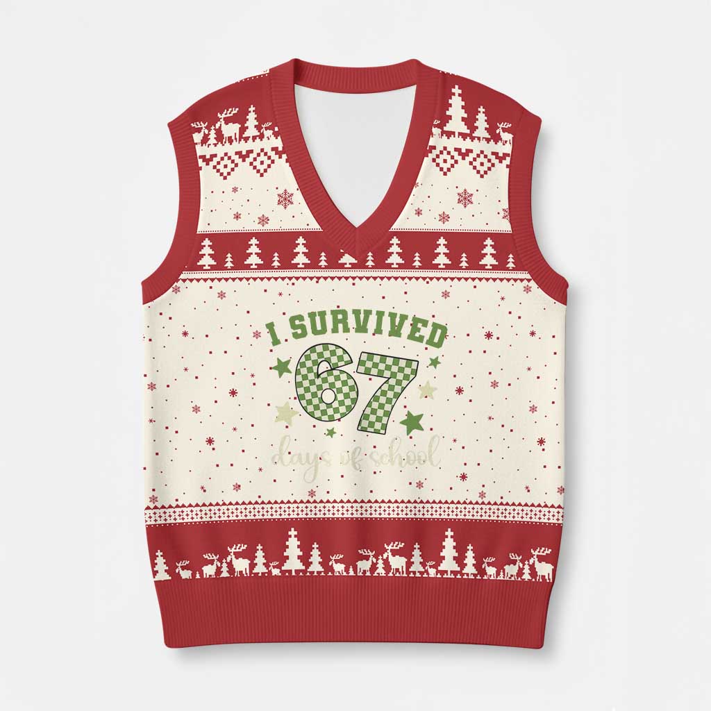 I Survived 67 Days of School V-Neck Knit Sweater Vest Funny Six Seven Meme Students Teacher Celebration TS02 Beige Red Print Your Wear