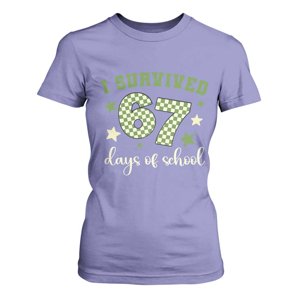 I Survived 67 Days of School T Shirt For Women Funny Six Seven Meme Students Teacher Celebration TS02 Violet Print Your Wear