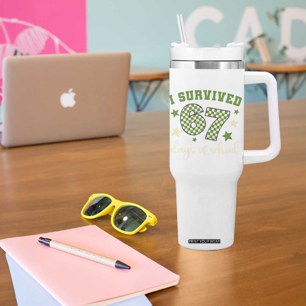 I Survived 67 Days of School Tumbler With Handle Funny Six Seven Meme Students Teacher Celebration TS02 Print Your Wear