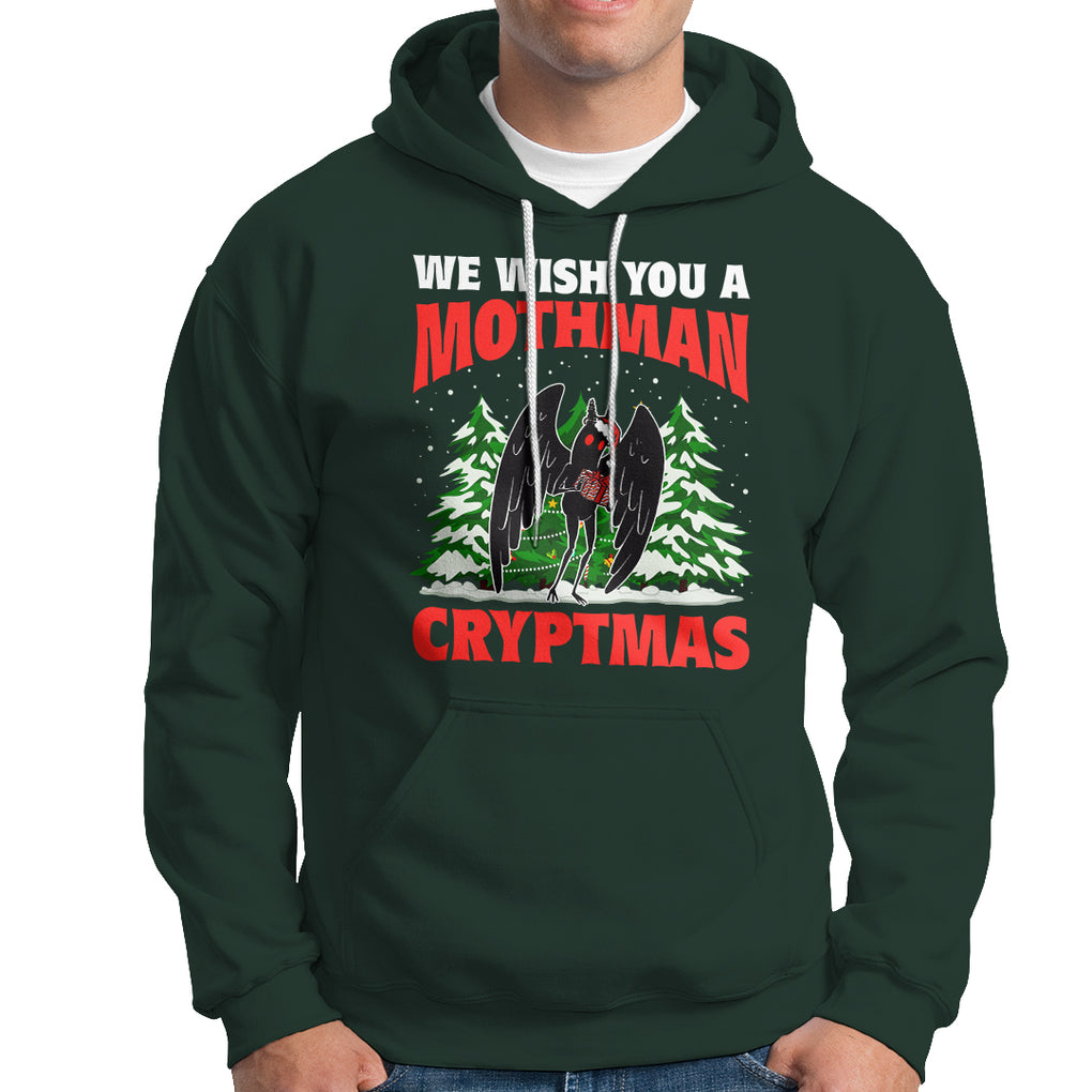 Mothman Christmas Hoodie We Wish You A Mothman Cryptmas Cryptid Cryptidcore TS02 Dark Forest Green Printyourwear