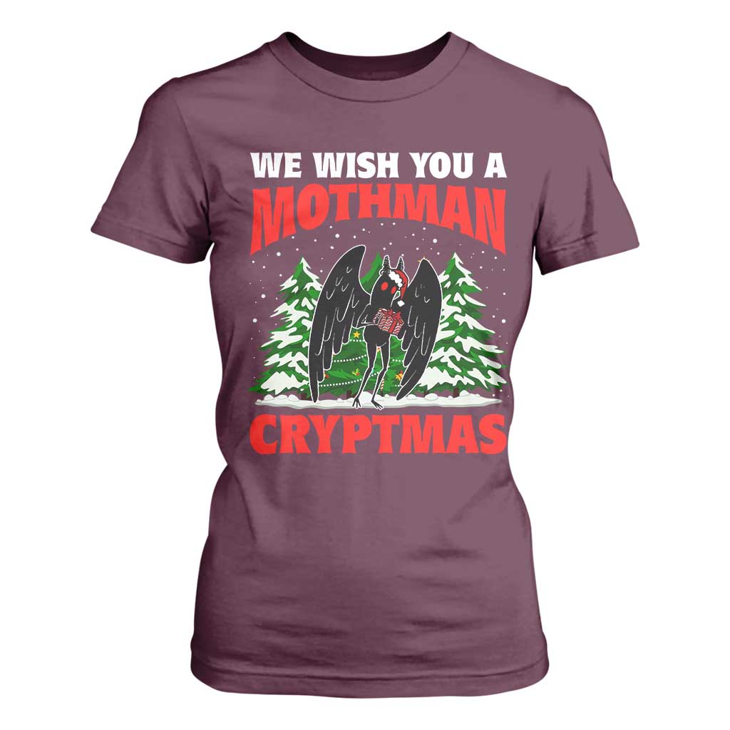 Mothman Christmas T Shirt For Women We Wish You A Mothman Cryptmas Cryptid Cryptidcore TS02 Maroon Print Your Wear