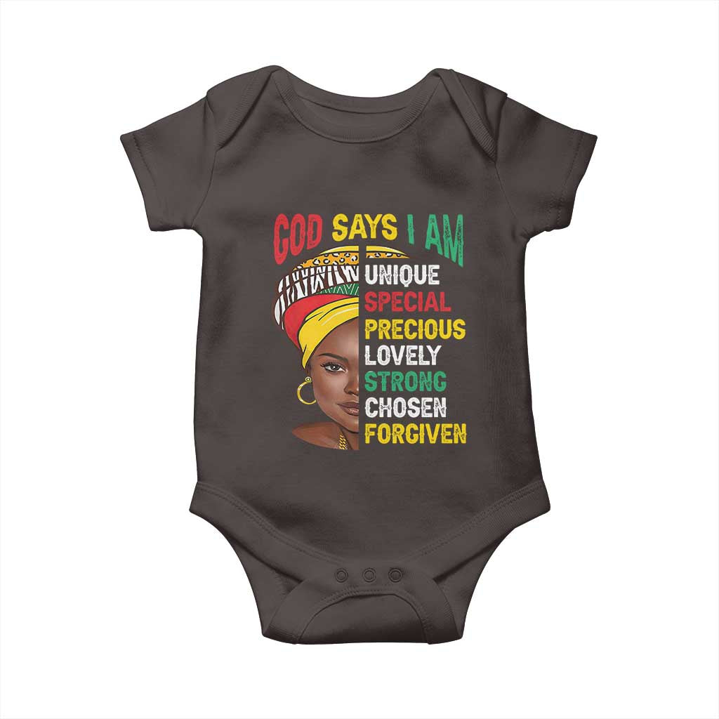 Proud Black Woman Baby Onesie God Says I Am Melanin Girl Pride TS02 Dark Chocolate Print Your Wear