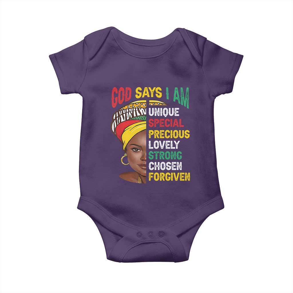Proud Black Woman Baby Onesie God Says I Am Melanin Girl Pride TS02 Purple Print Your Wear