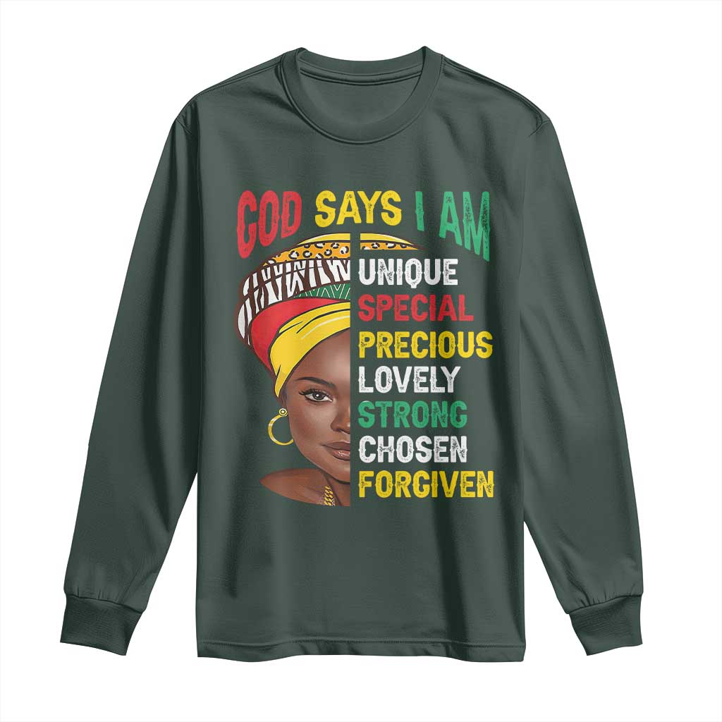 Proud Black Woman Long Sleeve Shirt God Says I Am Melanin Girl Pride TS02 Dark Forest Green Print Your Wear