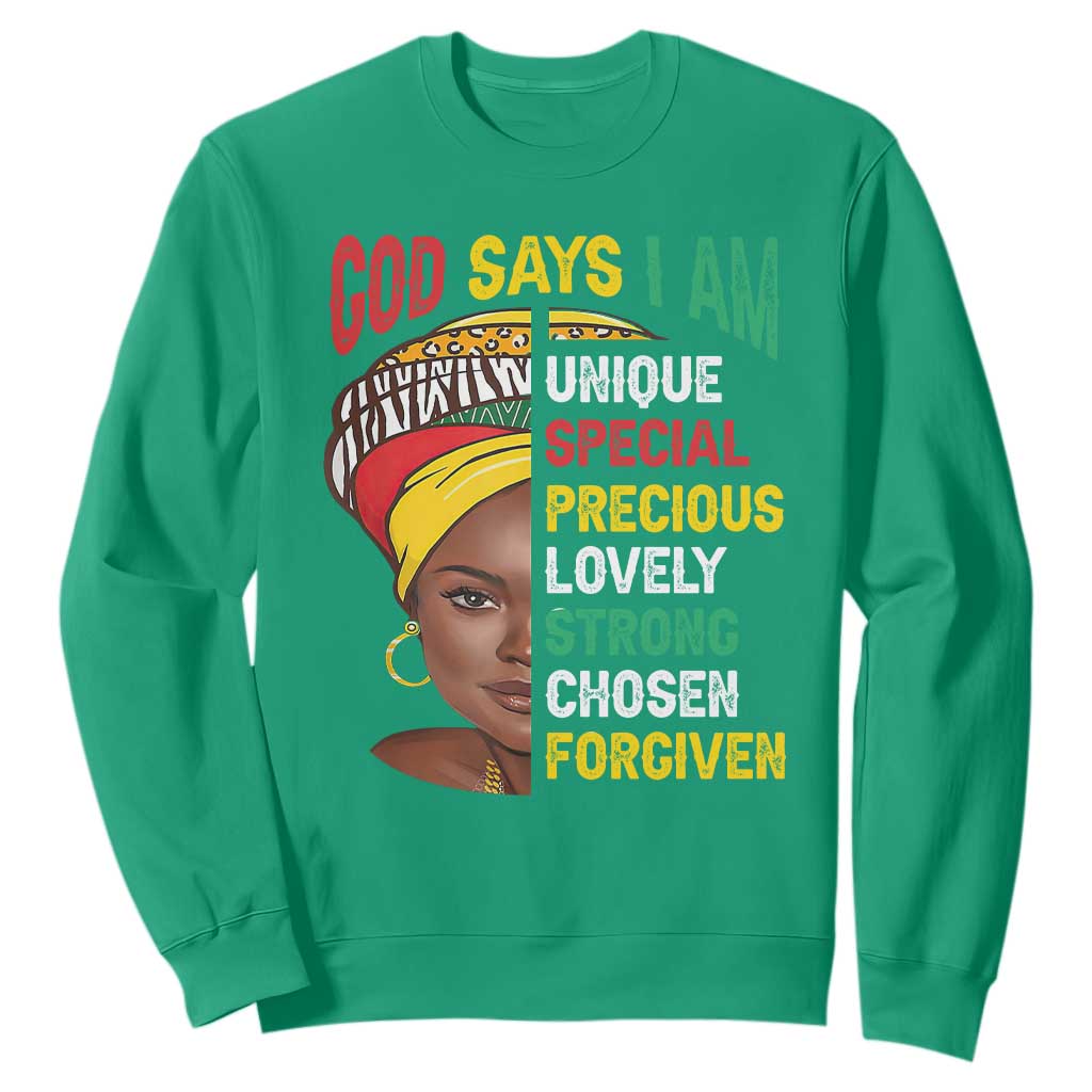 Black History Month Sweatshirt God Says I Am Bible Melanin Girl Pride TS02 Irish Green Printyourwear