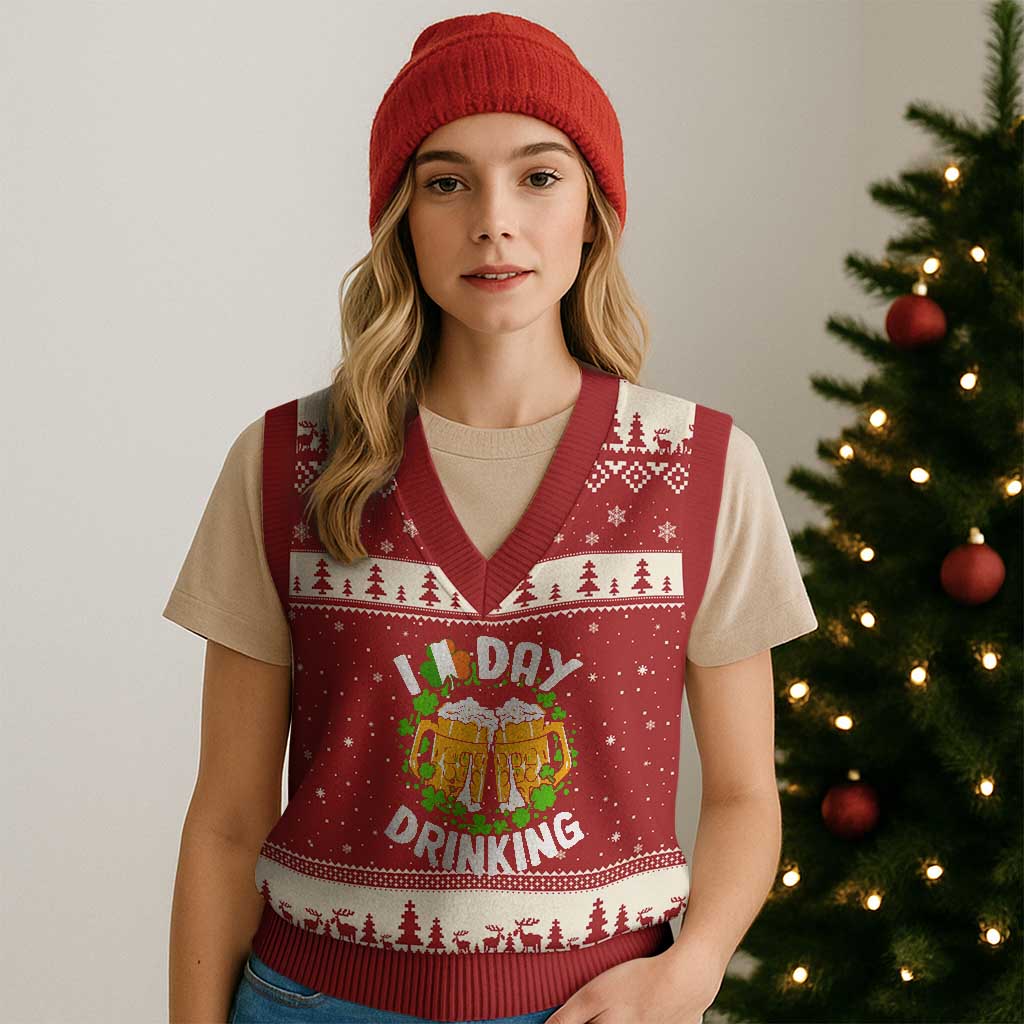 Funny St Patricks Day V-Neck Knit Sweater Vest I Love Day Drinking Beer Lover Drink Team TS02 Red Beige Print Your Wear