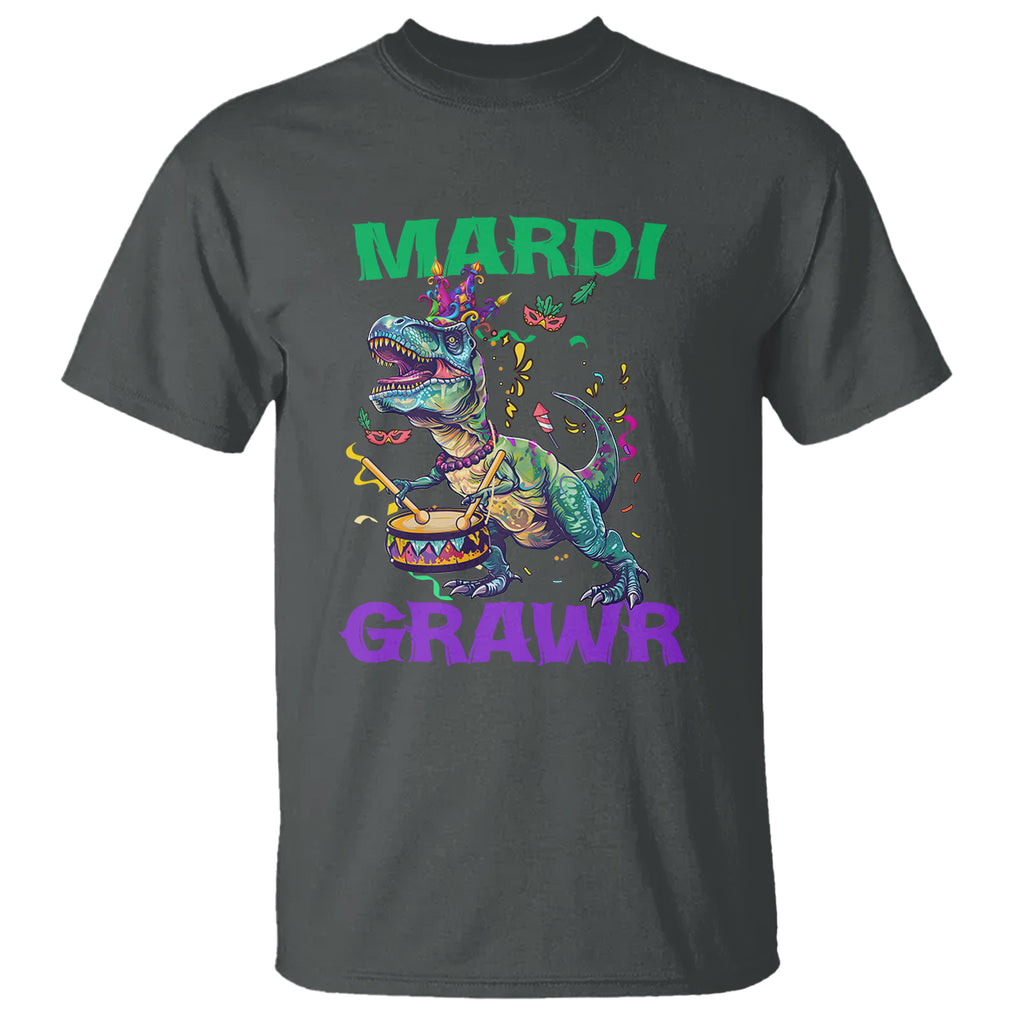 Funny Mardi Gras Dinosaur T Shirt Mardi Grawr Rex TS02 Dark Heather Printyourwear