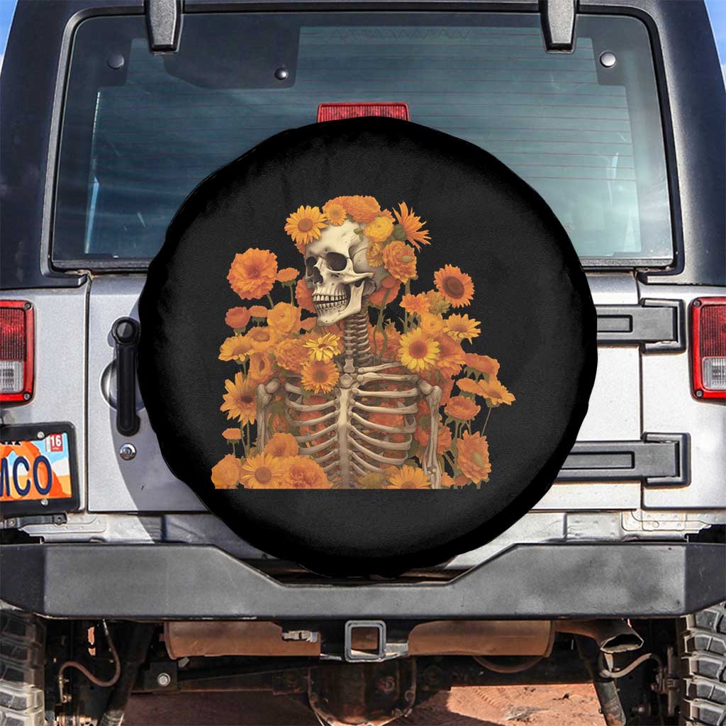 Floral Skeleton Spare Tire Cover Vintage Cottagecore Blooming Marigolds Sunflowers TS02 No hole Black Print Your Wear