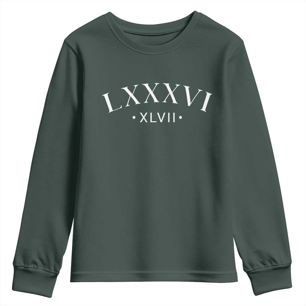 LXXXVI XLVII Youth Sweatshirt 86 47 Roman Numerals TS02 Dark Forest Green Print Your Wear