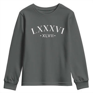 LXXXVI XLVII Youth Sweatshirt 86 47 Roman Numerals TS02 Dark Heather Print Your Wear