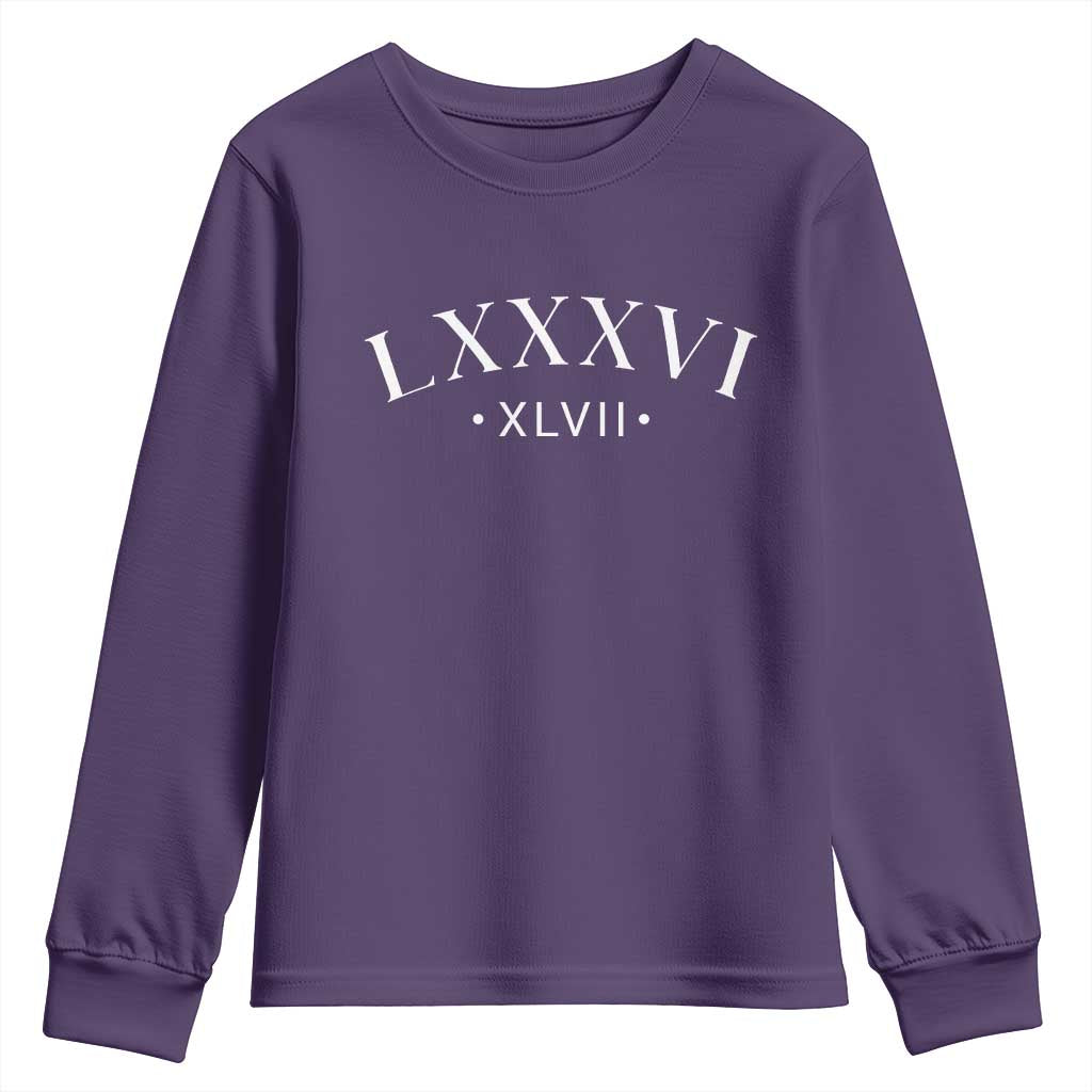 LXXXVI XLVII Youth Sweatshirt 86 47 Roman Numerals TS02 Purple Print Your Wear