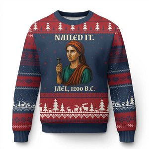 Funny Biblical Jael Nailed It Vintage Ugly Christmas Sweater Strong Woman Bible Story Dark Humor Meme TS02 Navy Red Print Your Wear