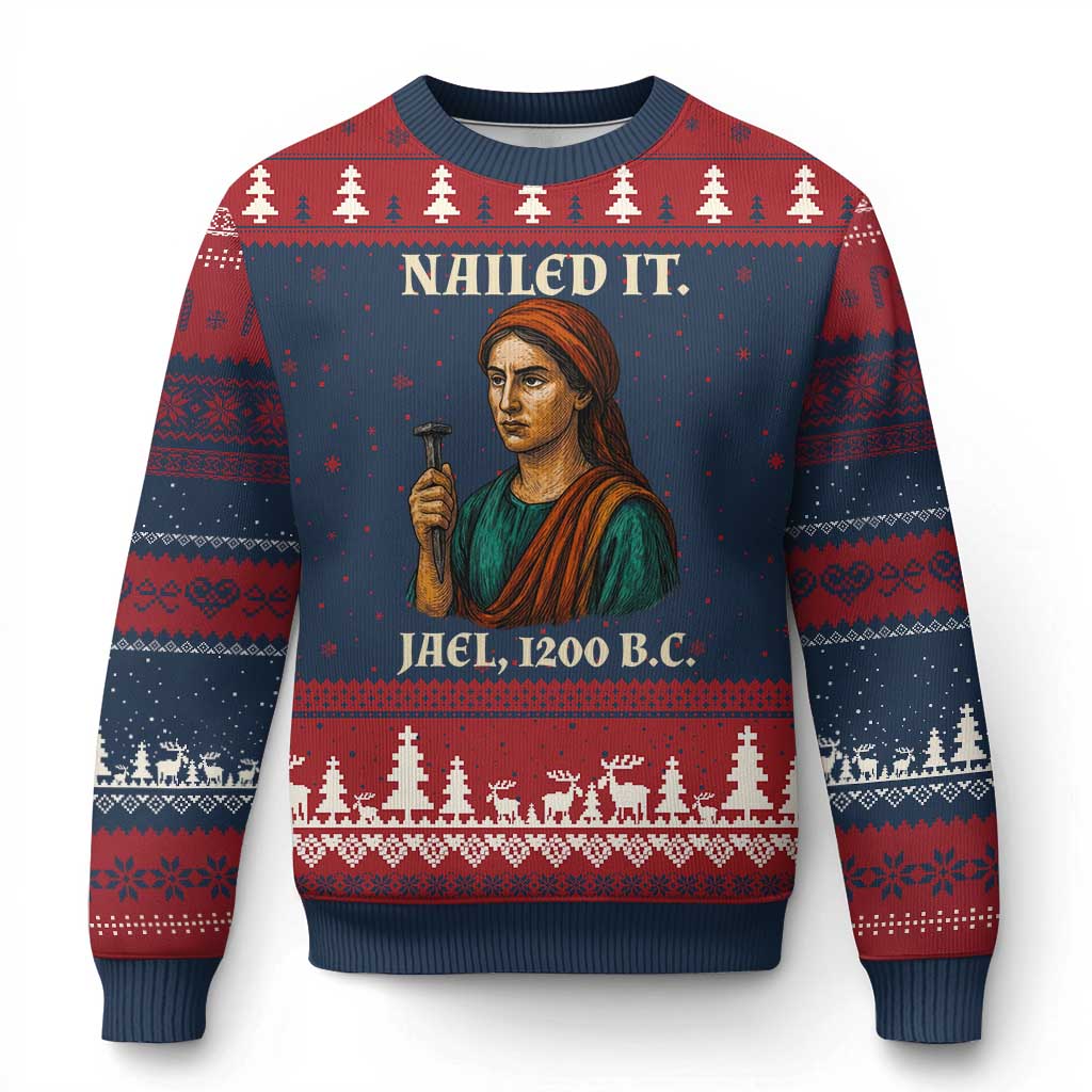 Funny Biblical Jael Nailed It Vintage Ugly Christmas Sweater Strong Woman Bible Story Dark Humor Meme TS02 Navy Red Print Your Wear