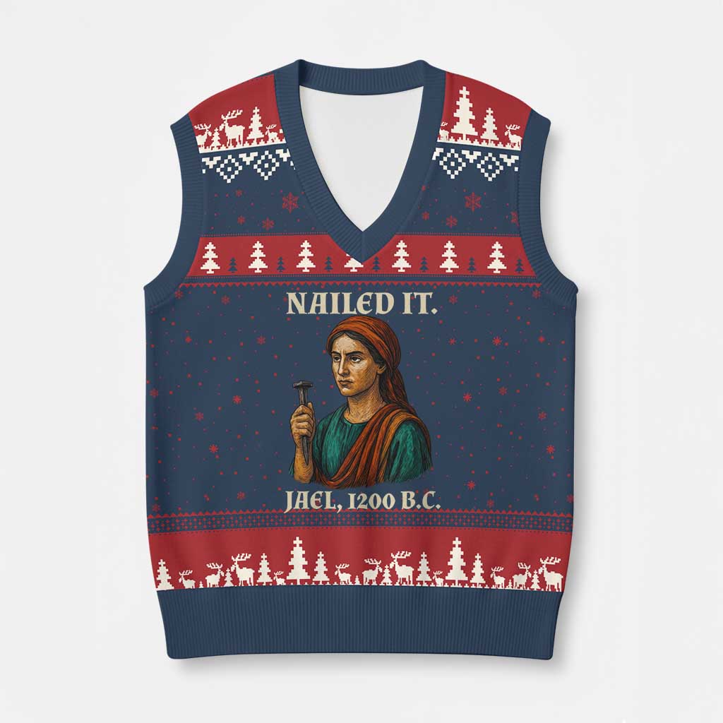 Funny Biblical Jael Nailed It Vintage V-Neck Knit Sweater Vest Strong Woman Bible Story Dark Humor Meme TS02 Navy Red Print Your Wear