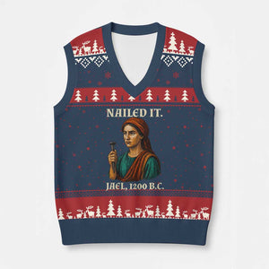 Funny Biblical Jael Nailed It Vintage V-Neck Knit Sweater Vest Strong Woman Bible Story Dark Humor Meme TS02 Navy Red Print Your Wear