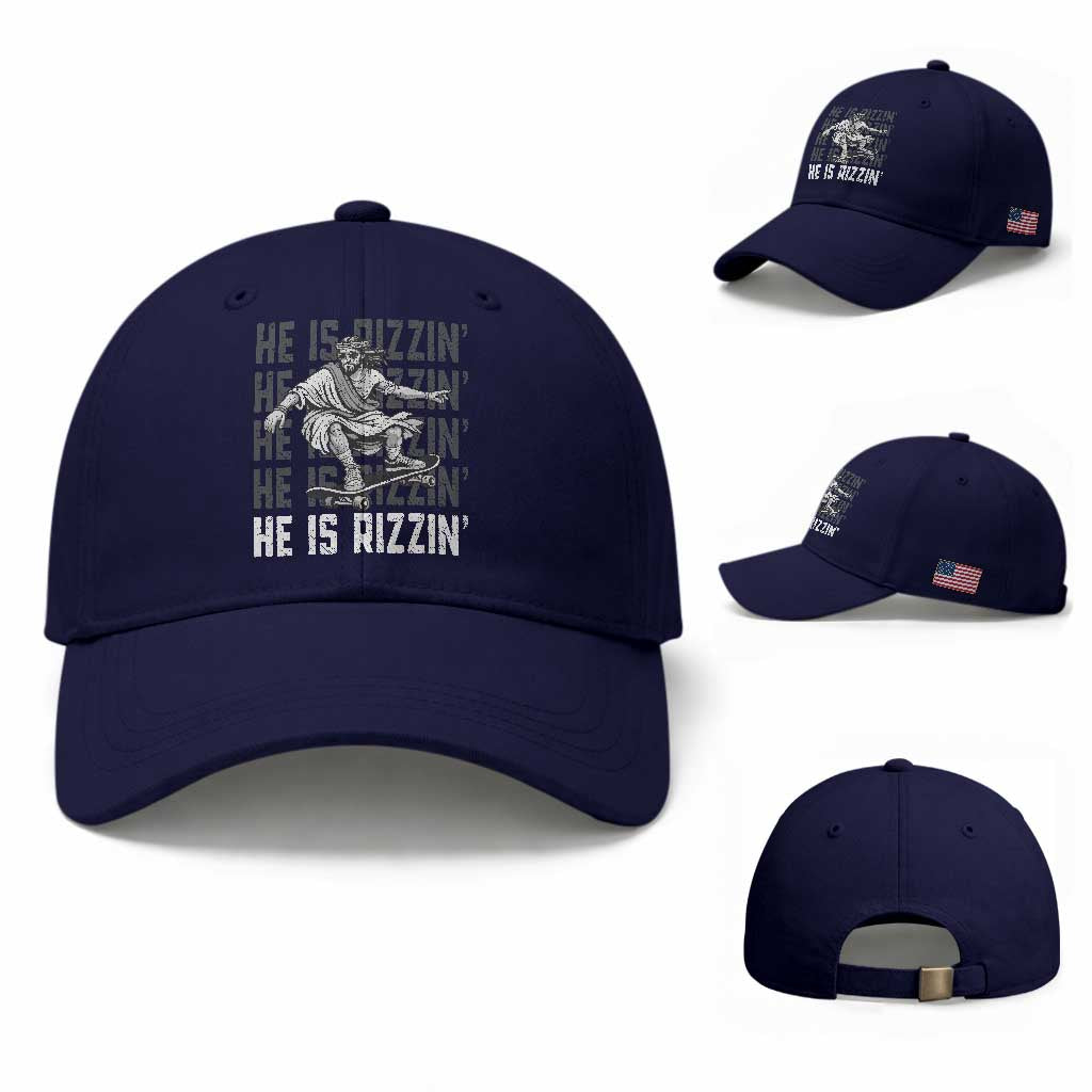 He Is Rizzin Funny Christian Easter Skateboarding Jesus Meme Baseball Cap Faith Humor Trendy Youth Gift TS02 Baseball Cap Universal Fit Dark Blue Print Your Wear