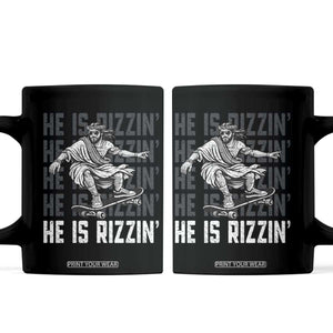 He Is Rizzin Funny Christian Easter Skateboarding Jesus Meme Coffee Mug Faith Humor Trendy Youth Gift TS02 Black Print Your Wear