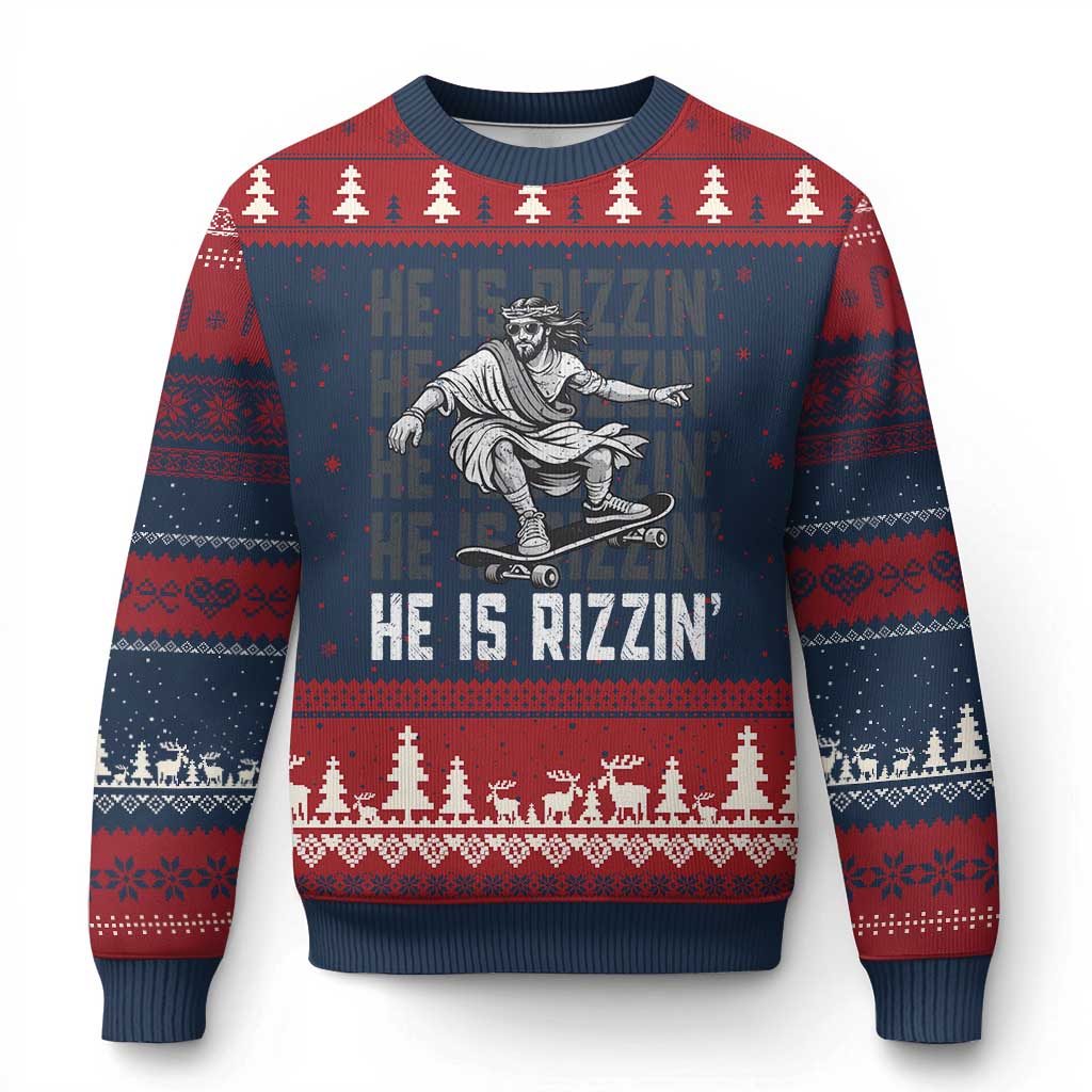 He Is Rizzin Funny Christian Easter Skateboarding Jesus Meme Ugly Christmas Sweater Faith Humor Trendy Youth Gift TS02 Navy Red Print Your Wear