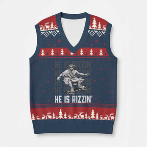 He Is Rizzin Funny Christian Easter Skateboarding Jesus Meme V-Neck Knit Sweater Vest Faith Humor Trendy Youth Gift TS02 Navy Red Print Your Wear