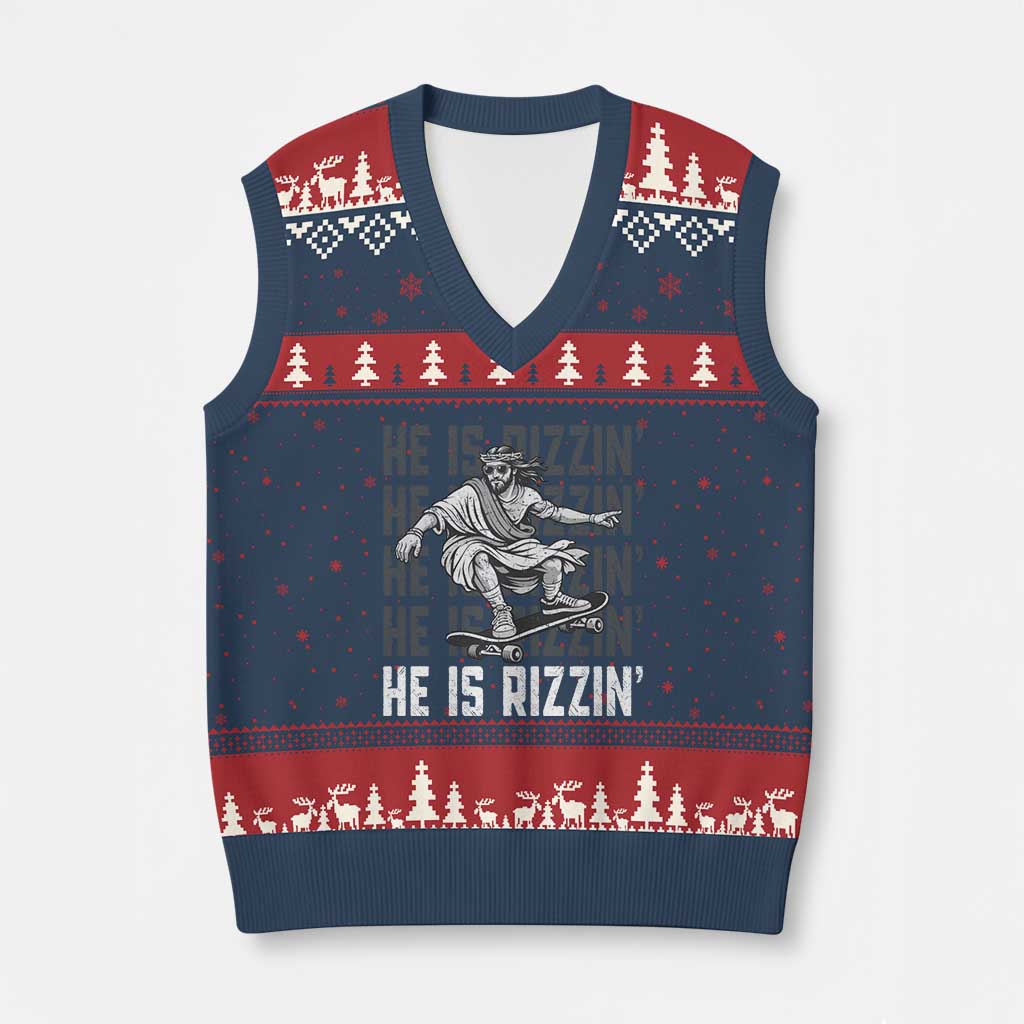 He Is Rizzin Funny Christian Easter Skateboarding Jesus Meme V-Neck Knit Sweater Vest Faith Humor Trendy Youth Gift TS02 Navy Red Print Your Wear