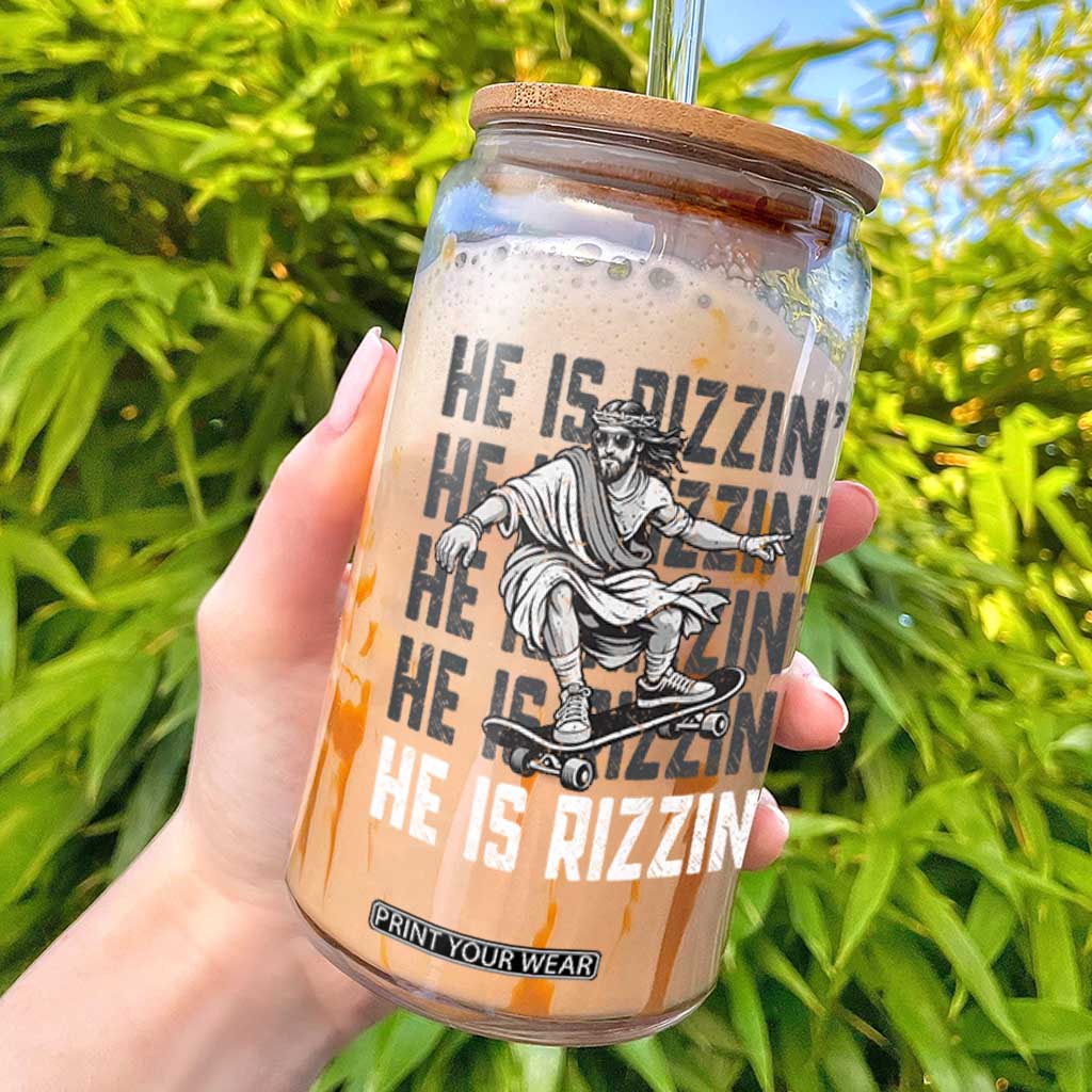 He Is Rizzin Funny Christian Easter Skateboarding Jesus Meme Glass Can Faith Humor Trendy Youth Gift TS02 Black Print Your Wear