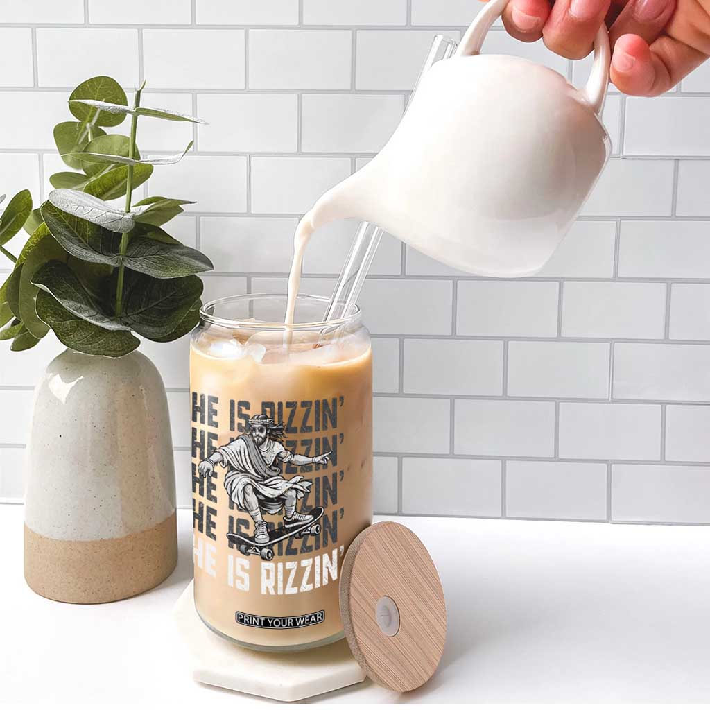 He Is Rizzin Funny Christian Easter Skateboarding Jesus Meme Glass Can Faith Humor Trendy Youth Gift TS02 Print Your Wear