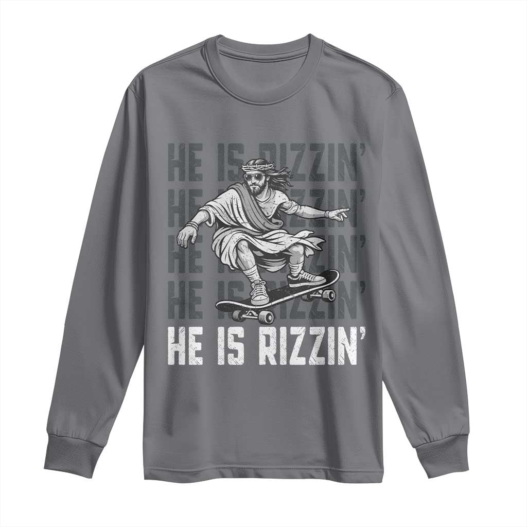 He Is Rizzin Funny Christian Easter Skateboarding Jesus Meme Long Sleeve Shirt Faith Humor Trendy Youth Gift TS02 Charcoal Print Your Wear