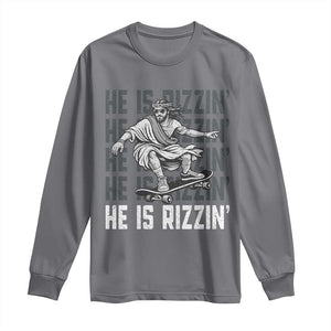 He Is Rizzin Funny Christian Easter Skateboarding Jesus Meme Long Sleeve Shirt Faith Humor Trendy Youth Gift TS02 Charcoal Print Your Wear