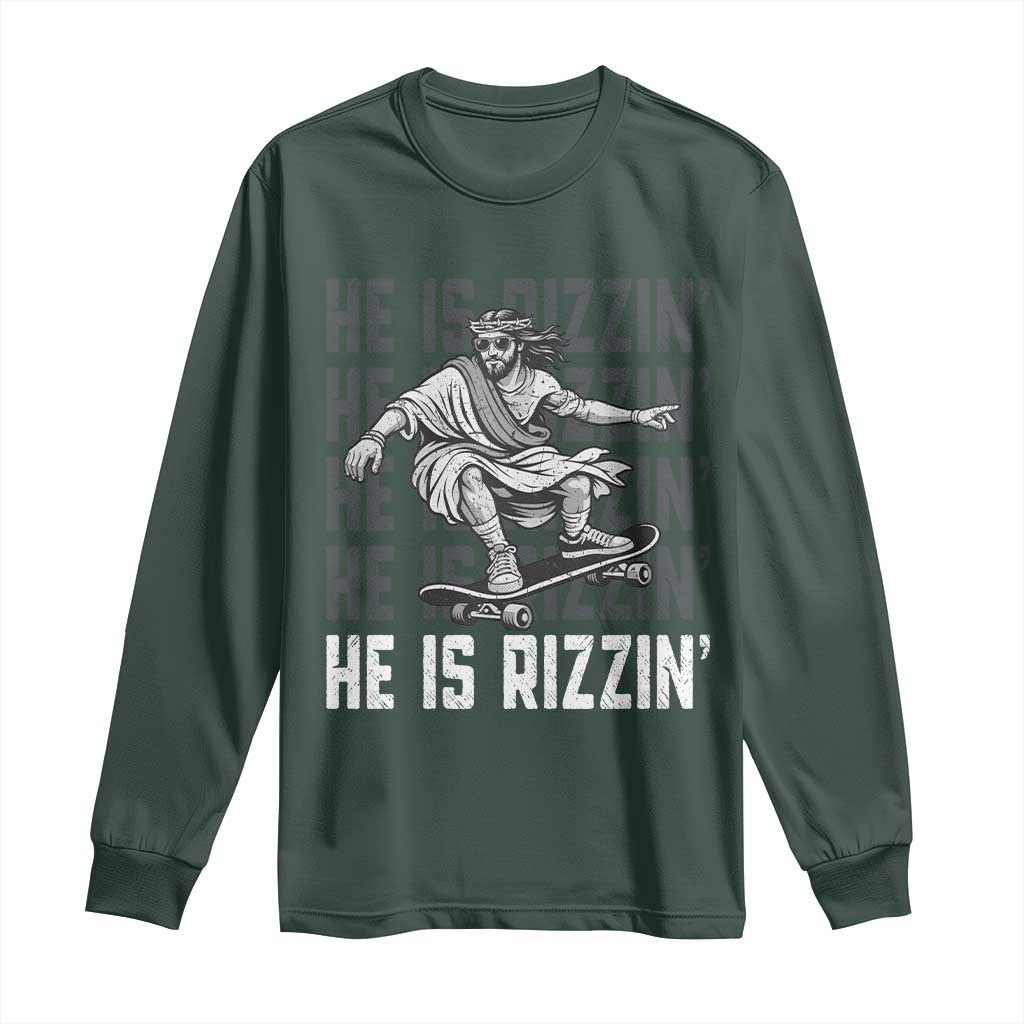 He Is Rizzin Funny Christian Easter Skateboarding Jesus Meme Long Sleeve Shirt Faith Humor Trendy Youth Gift TS02 Dark Forest Green Print Your Wear