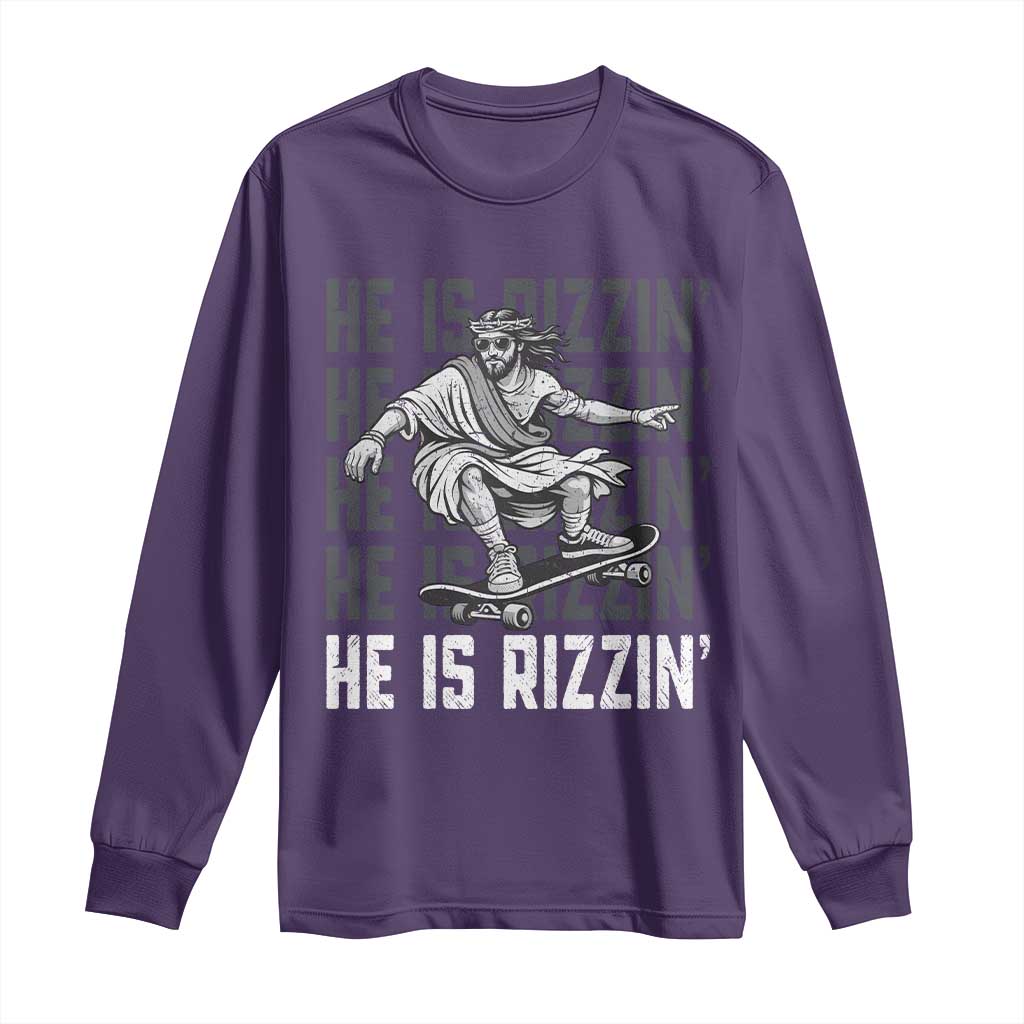 He Is Rizzin Funny Christian Easter Skateboarding Jesus Meme Long Sleeve Shirt Faith Humor Trendy Youth Gift TS02 Purple Print Your Wear