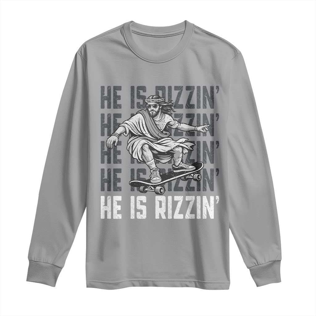 He Is Rizzin Funny Christian Easter Skateboarding Jesus Meme Long Sleeve Shirt Faith Humor Trendy Youth Gift TS02 Sport Gray Print Your Wear