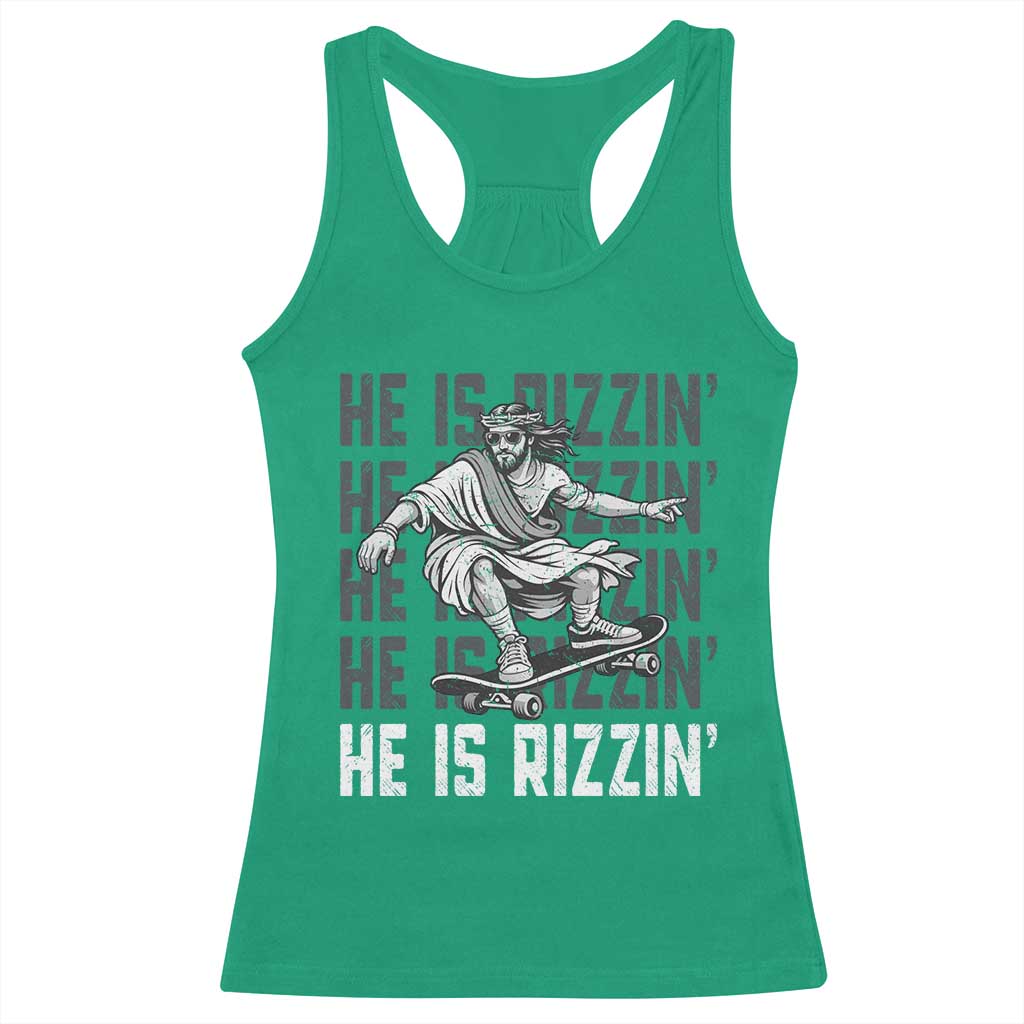 He Is Rizzin Funny Christian Easter Skateboarding Jesus Meme Racerback Tank Top Faith Humor Trendy Youth Gift TS02 Irish Green Print Your Wear