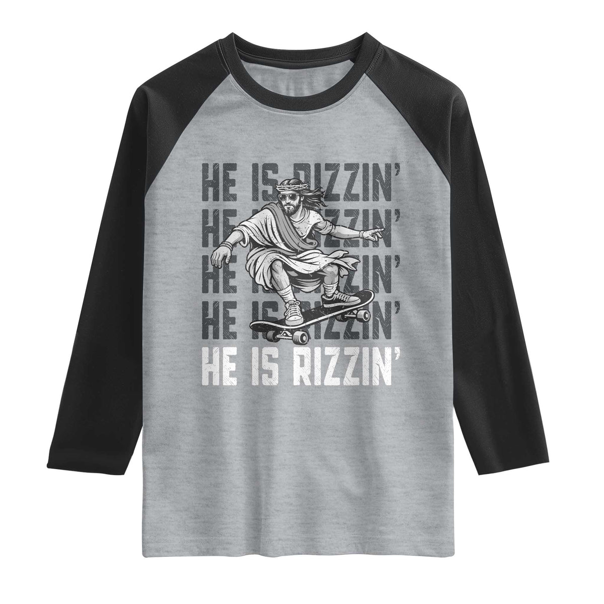 He Is Rizzin Funny Christian Easter Skateboarding Jesus Meme Raglan Shirt Faith Humor Trendy Youth Gift TS02 Heather Gray Black Print Your Wear