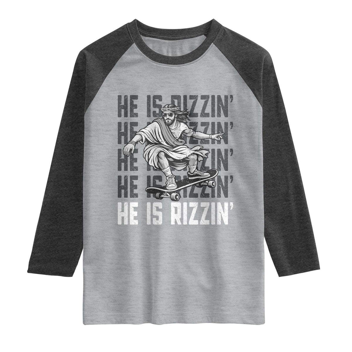 He Is Rizzin Funny Christian Easter Skateboarding Jesus Meme Raglan Shirt Faith Humor Trendy Youth Gift TS02 Heather Gray Heather Charcoal Print Your Wear