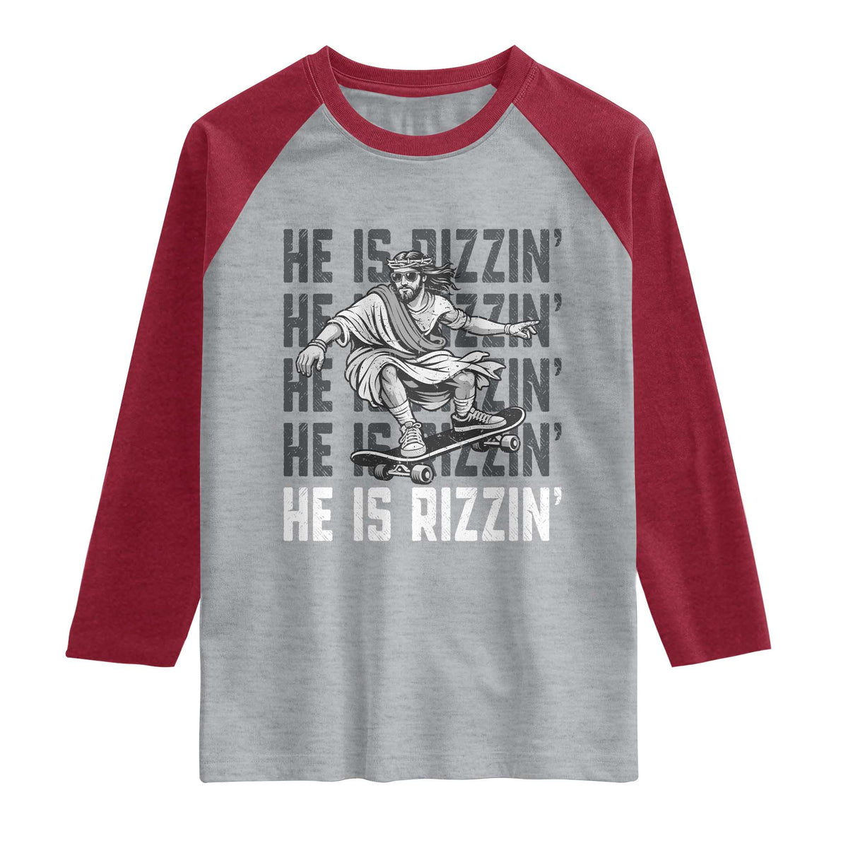 He Is Rizzin Funny Christian Easter Skateboarding Jesus Meme Raglan Shirt Faith Humor Trendy Youth Gift TS02 Heather Gray Heather Red Print Your Wear