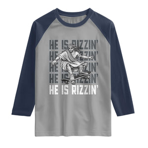 He Is Rizzin Funny Christian Easter Skateboarding Jesus Meme Raglan Shirt Faith Humor Trendy Youth Gift TS02 Sport Gray Navy Print Your Wear