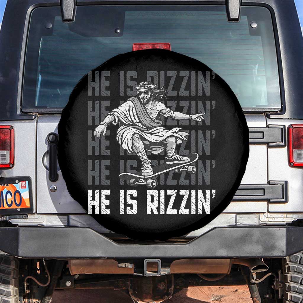 He Is Rizzin Funny Christian Easter Skateboarding Jesus Meme Spare Tire Cover Faith Humor Trendy Youth Gift TS02 No hole Black Print Your Wear